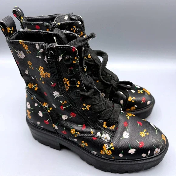 Guess Fearne Womens Black Floral Combat Boots Side Zip Lug Sole GWFEARNE Size 6M - Picture 7 of 15